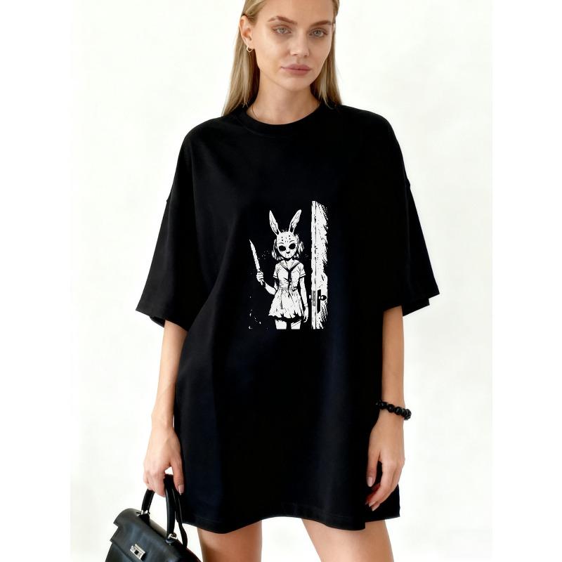 

Oversized T Shirt Dress Black Bunny Girl With Knife And Door Print Casual Streetwear Fashion Statement Piece For Women XXXXL чорний