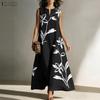 ZANZEA Women Boho Print Loose Casual Round Neck Sleeveless Long Dress