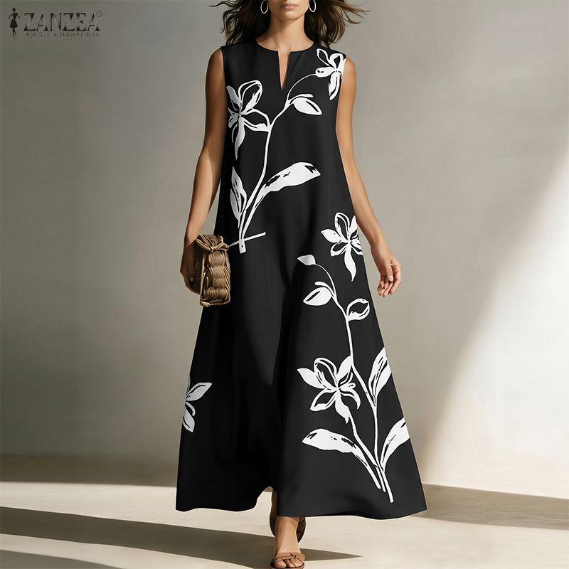 ZANZEA Women Boho Print Loose Casual Round Neck Sleeveless Long Dress