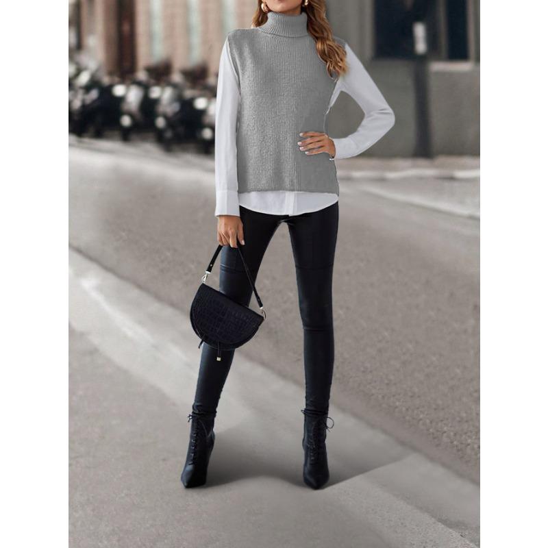 

Женский осенне-зимний пуловер с высоким воротом и безрукавкой L серый