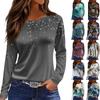 Women's Fashion Casual Slit Hem Round Neck Long Sleeve Loose  Printed T-Shirt Ladies Top