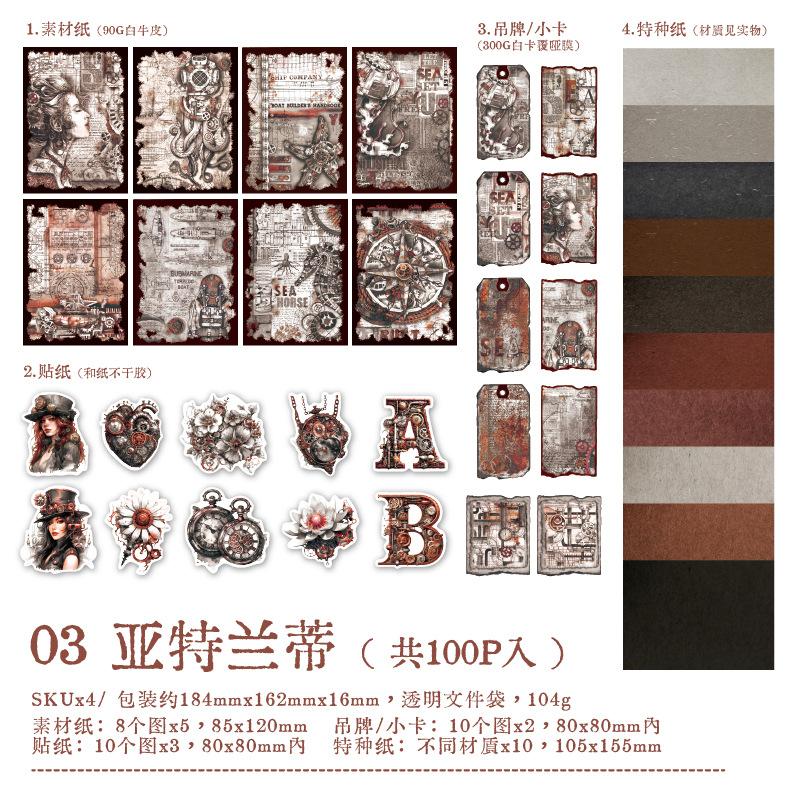 100pcs Vintage Steam Era Material Package Ledger Material Decorative Collage Base Sticker Hand Made Collage Material