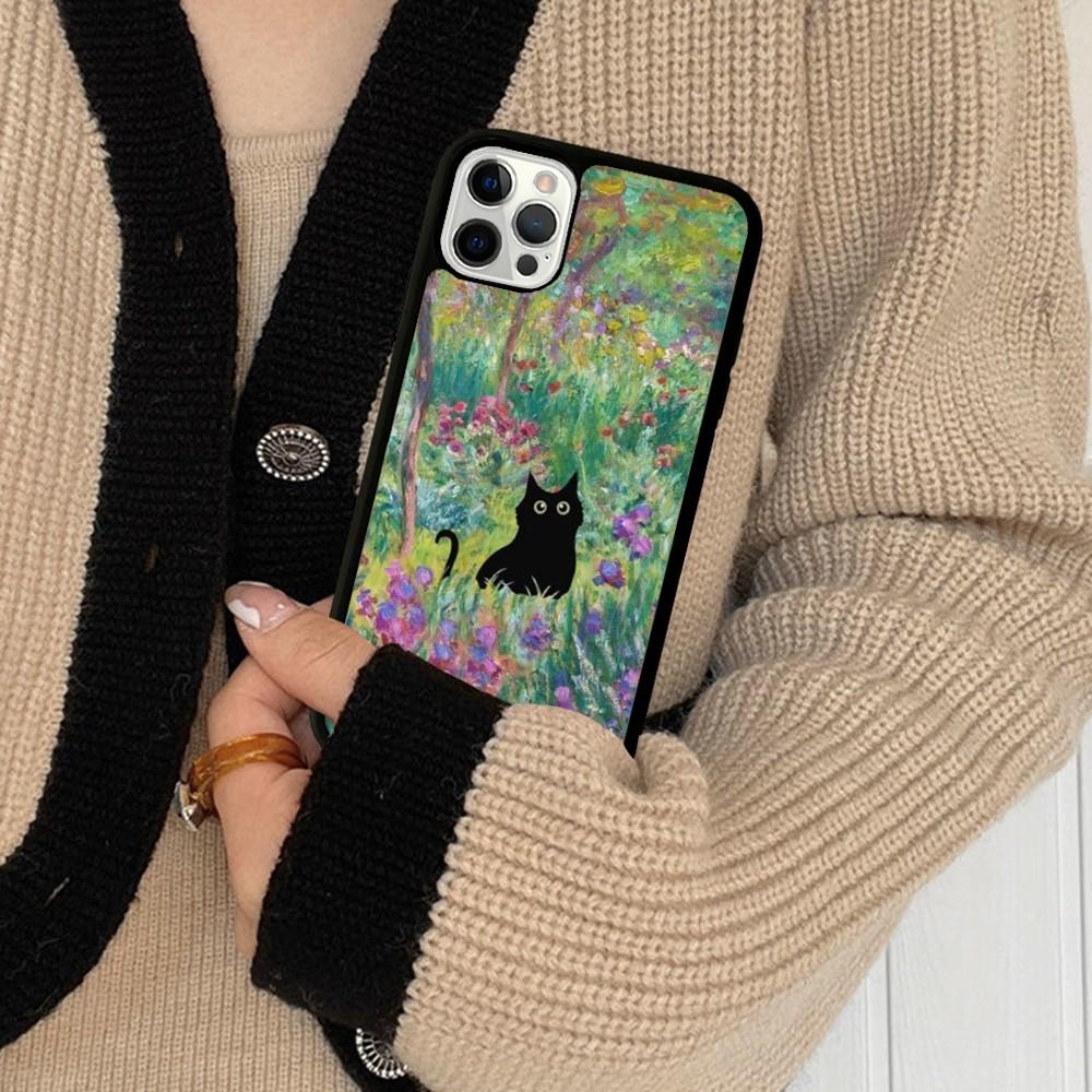 Cartoon Animal Black Cat Oil Painting Phone Case Silicone PC+TPU For For iPhone  11 12 13 14 15 16 Plus Pro Max Cover