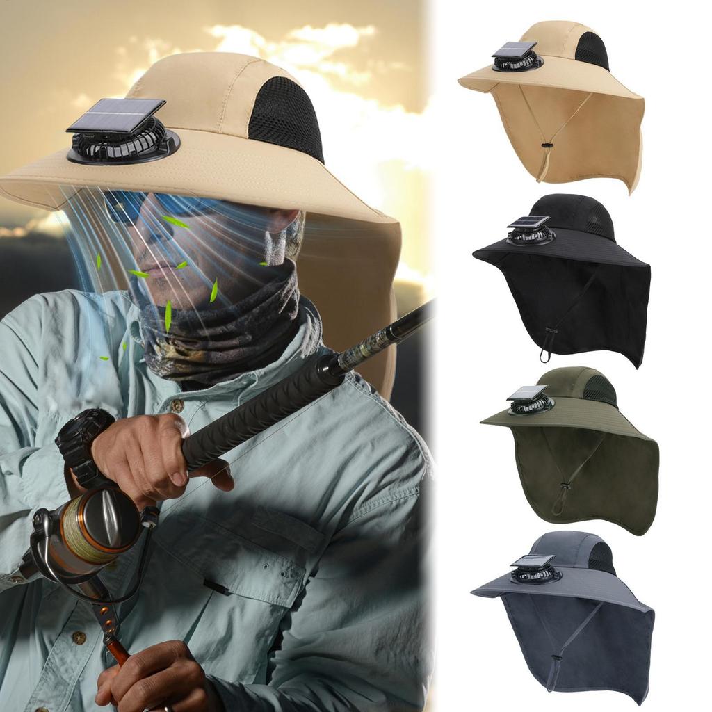 Sun Hats For Men Wide Brim Solar Powered Fan Outdoor Sun Hat Solar Fan Fish Accessories With Neck Flap Wide Brim UV Protection