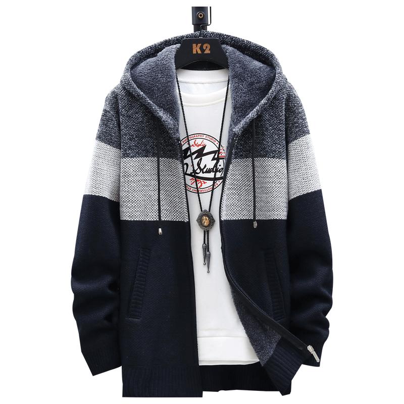 Men's Fall and Winter Hooded Sweater Patchwork Knitted Jacket Windproof Warm Knitted Jacket