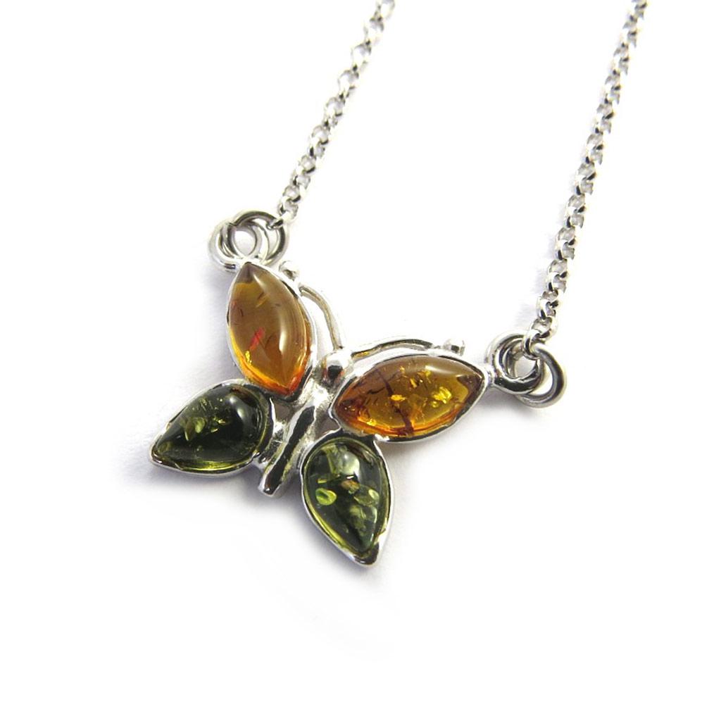 Les Trésors De Lily [N2818] - Silberkette 'Schmetterling' Bernstein cognac und grün (rhodiniert) - 16x12 mm