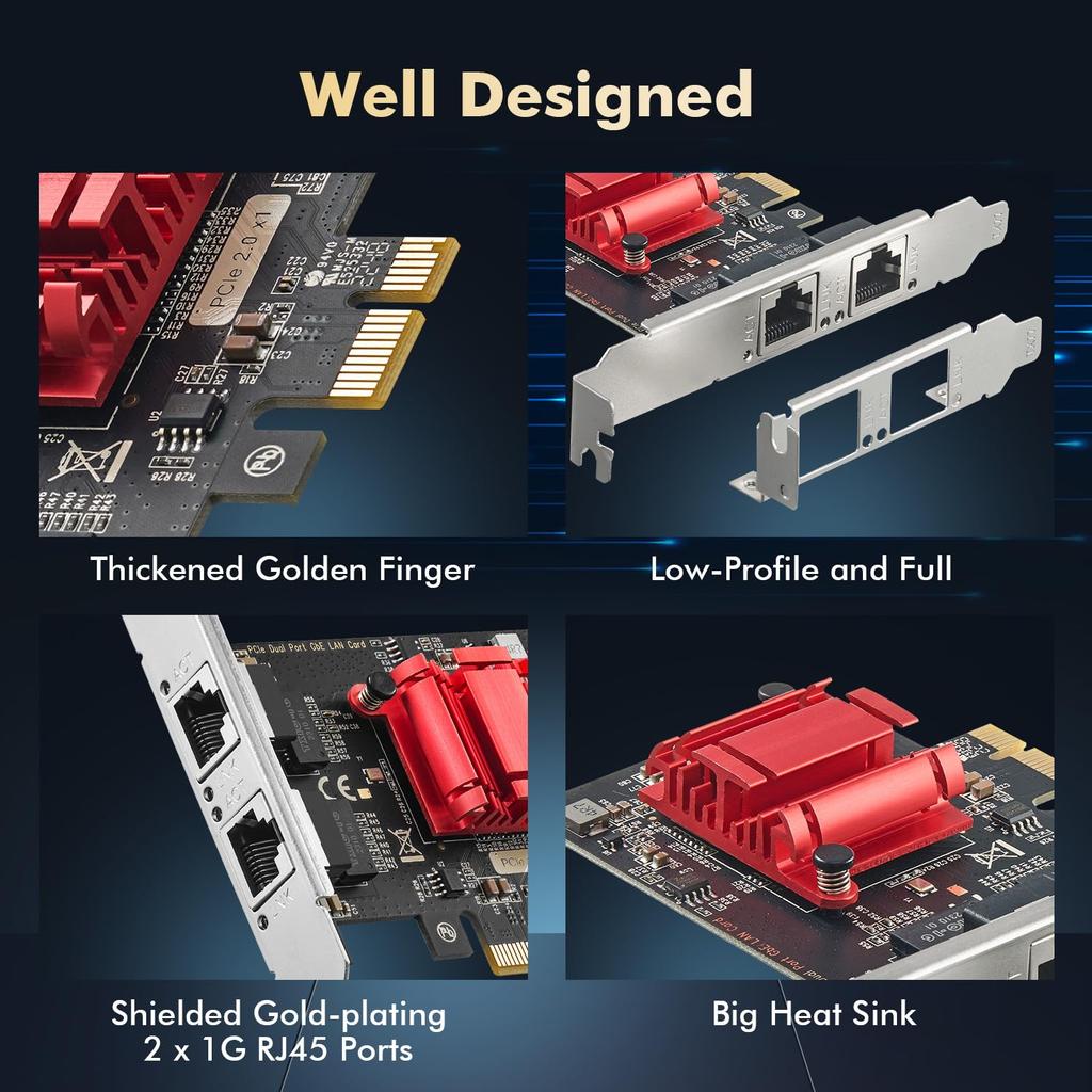 2-Port Gigabit PCIe Network Adapter, Intel 82575/82576 Controller, 1000/100Mbps Binardat Ethernet LAN Card for Windows/Linux