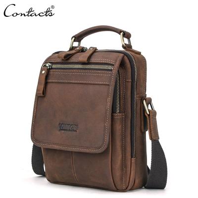 CONTACT'S Crazy Horse Leather Men Messenger Bag Vintage Man HandBags for 7.9  iPad High Quality Shoulder Bags Tote Crossbody Bag