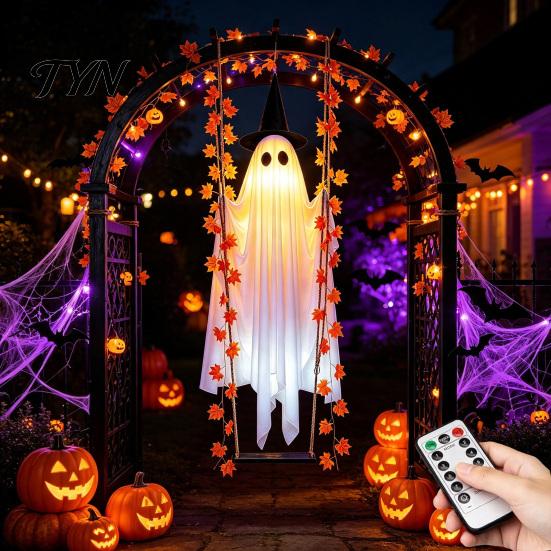 Fantasma Appeso con Luci Oscillante Decorazione di Halloween Foglia d'Acero, Ornamento Luminoso Accenti Foglia Autunnale Oscillazione Regolabile in Altezza, Timer, Telecomando