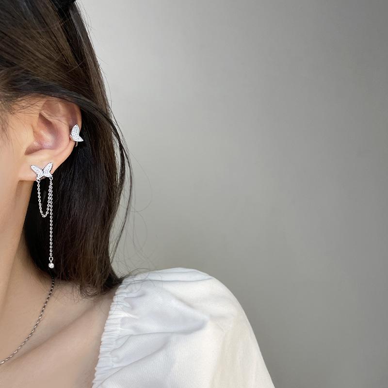 Asymmetrical Butterfly Stud Earrings Temperament Light Luxury Korean Style Fringed Earrings Niche Design Commuter Earrings
