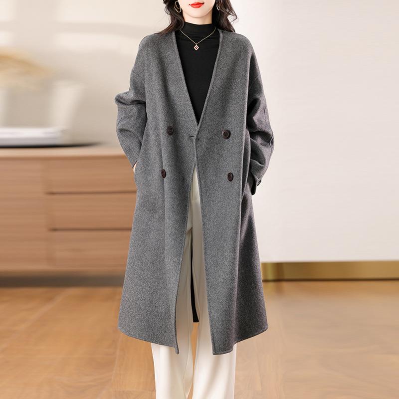 

Осень и зима новая двусторонняя шерстяная куртка женская средней длины с темпераментом свободная и тонкая шерстяная куртка L светло-серый