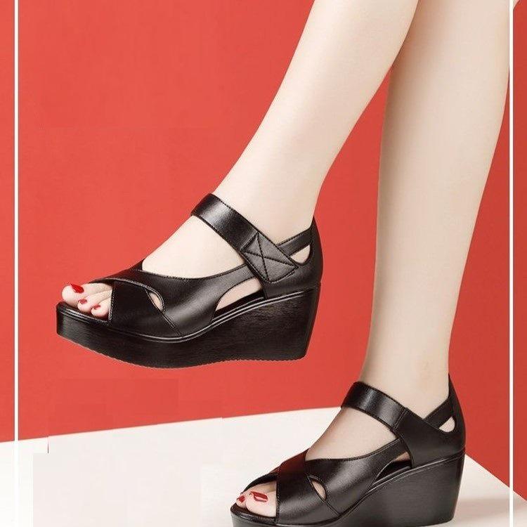 New Summer Thick Sole Open-Toe One-Strap Cutout Roman Wedge Sandals for Mid-Aged & Elderly Mothers