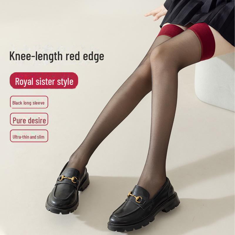 Damen Schwarze Seiden Oberschenkelhohe Strümpfe mit rotem Rand – Laufmaschenfest und Sexy für den Sommer