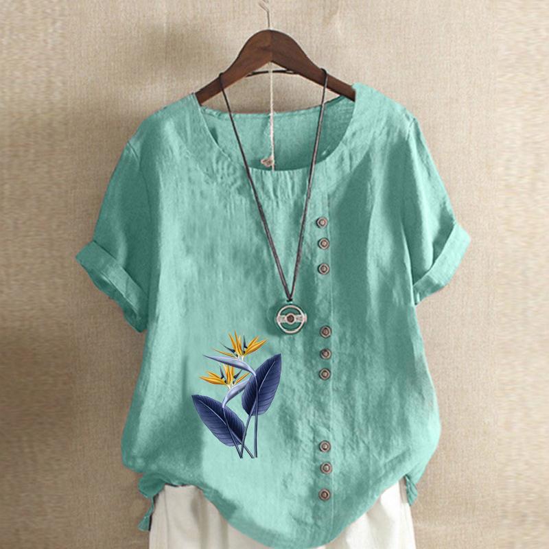 Women's Fashion Plant Leaves Prined Round Neck Short Sleeve T-shirt Casual Cotton Linen Graphic Shirt Leisure Loose Summer Blouse Tops