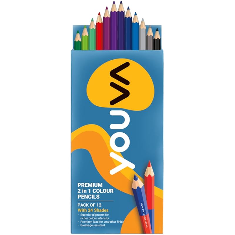 Navneet Youva|Premium 2 In 1 Colour Pencil For Drawing|Sketching|And Painting|Pack Of 12|Multicolor