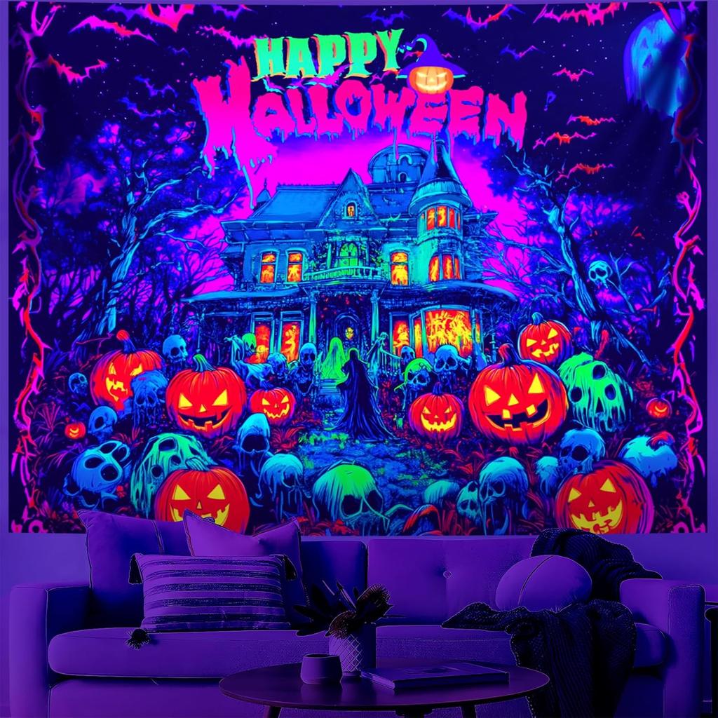 BVBOX Castle Blacklight Halloween Tapestry Horror Moon Night Scary Cemetery Pumpkin Lantern Halloween Tapestry Wall Hanging Skul