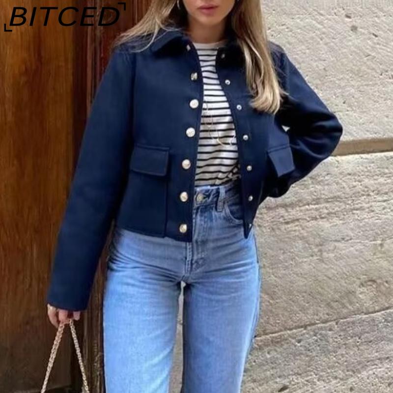 BITCED Women's Spring/Fall Collared Pocket-Detailed Single-Breasted Jacket