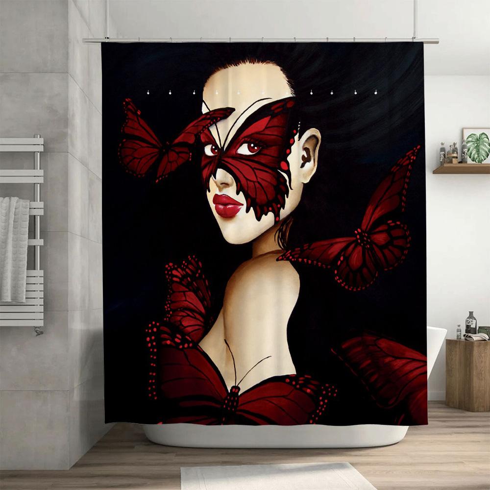 Red Butterfly Pattern Bath Shower Curtain Elegant Women'S Decoration For Bathroom Decorations Set Home Improvement Accessories (