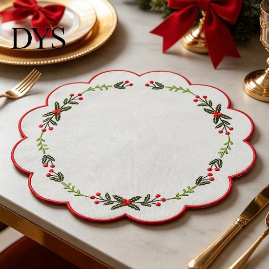 Autumn Harvest Table Settings Christmas Scalloped Embroidered Placemat, 15 Inch Cloth Place Mat with Holly Berries Waterproof Fabric Mats Leaves
