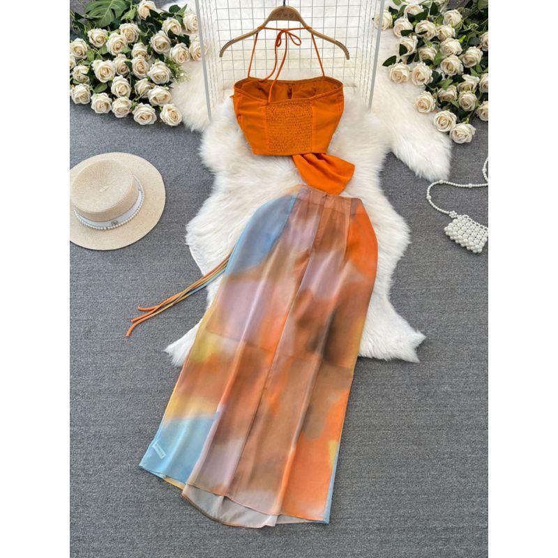 Seaside Holiday Halterneck Smudges Print Fashion Suit