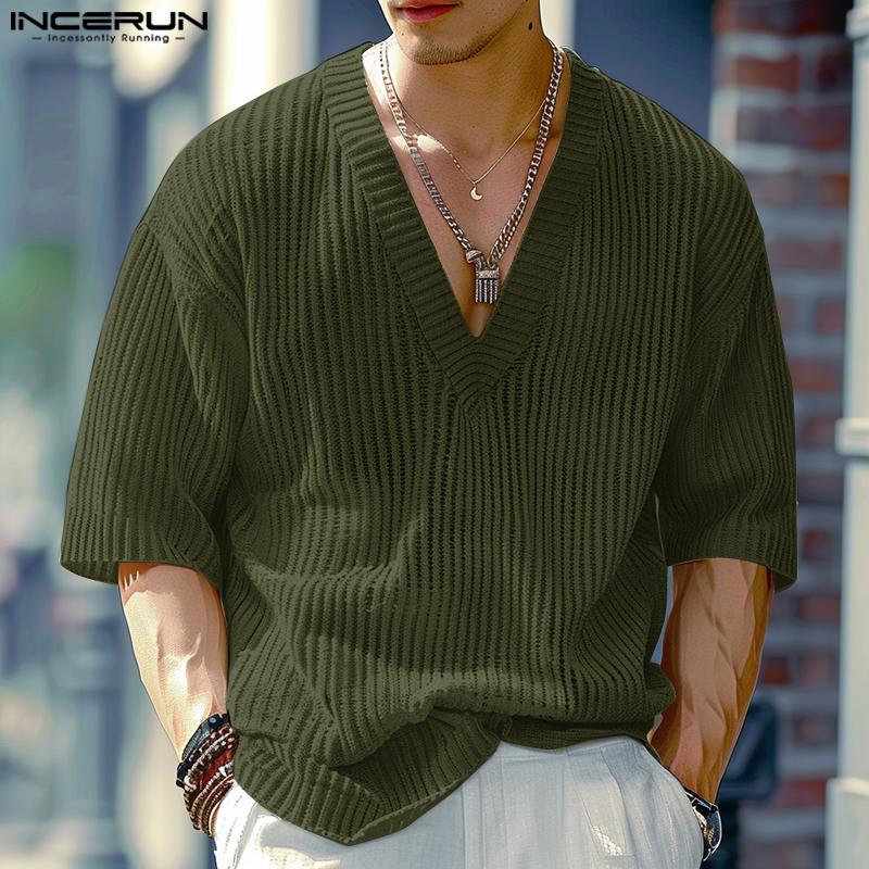 INCERUN Bărbați Deep V Jumătate cu mânecă lungă tricotată Casual Top cu coaste