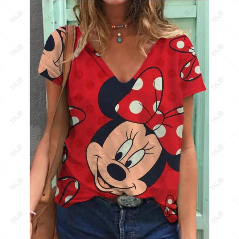 

Летняя новая женская футболка Disney Minnie Mickey Mouse Print V-образный вырез с коротким рукавом блузка модные футболки больших размеров для женщин топ XL