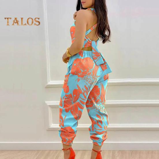Women Jumpsuit Sleeveless Color Matching Printed Lace-up Bow Cross Back Pockets Ankle-banded Backless High Waist Lady Commute Party