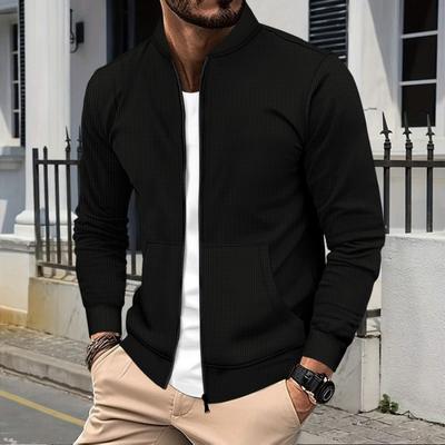 European and American Ins Men's Autumn and Winter New Waffle Solid Color Zipper Baseball Jersey Pocket Long-sleeved Jacket