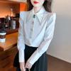 Women Autumn New Polo Collar Shirt Fashion and Elegant Studded with Diamonds Solid Buttons Casual and Versatile Long Sleeve Tops