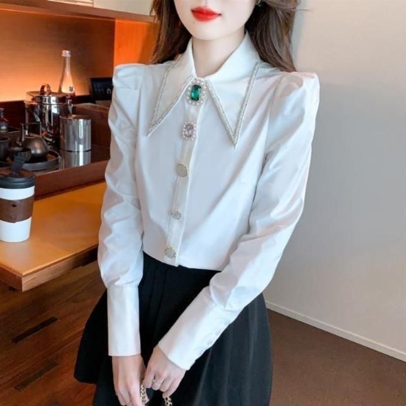 Women Autumn New Polo Collar Shirt Fashion and Elegant Studded with Diamonds Solid Buttons Casual and Versatile Long Sleeve Tops