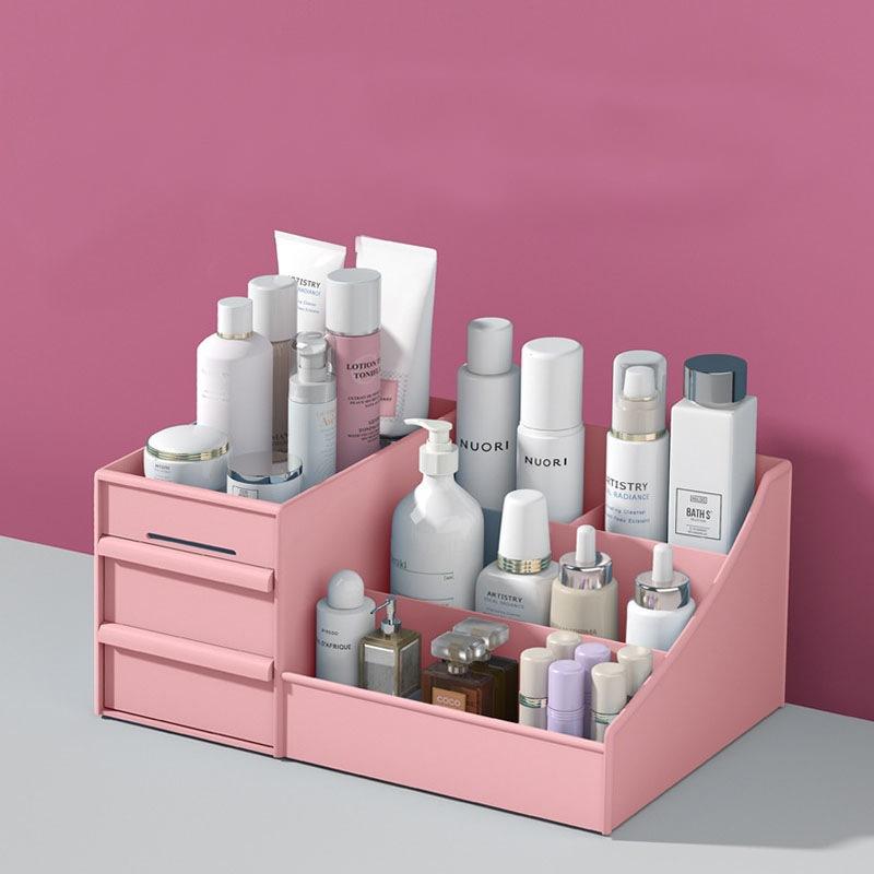 

1 шт. большая вместительная коробка для хранения косметики, ящик для макияжа, органайзер, ювелирные изделия, лак для ногтей, контейнер для макияжа, настольная коробка для хранения мелочей 28*18*13cm розовый