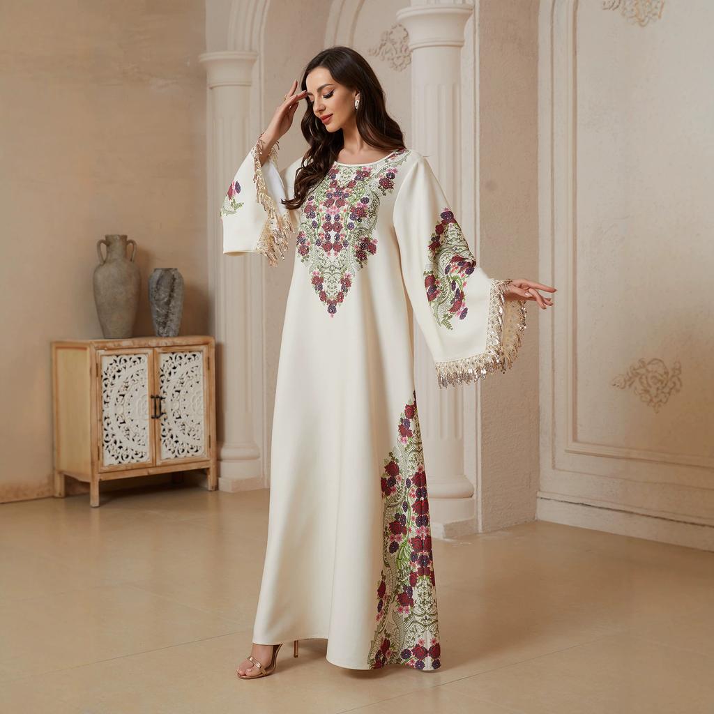 Womens Ethnic Floral Embroidered Maxi Dress Long Sleeves Crew Neck Fringe Detail Resort Wear Abaya
