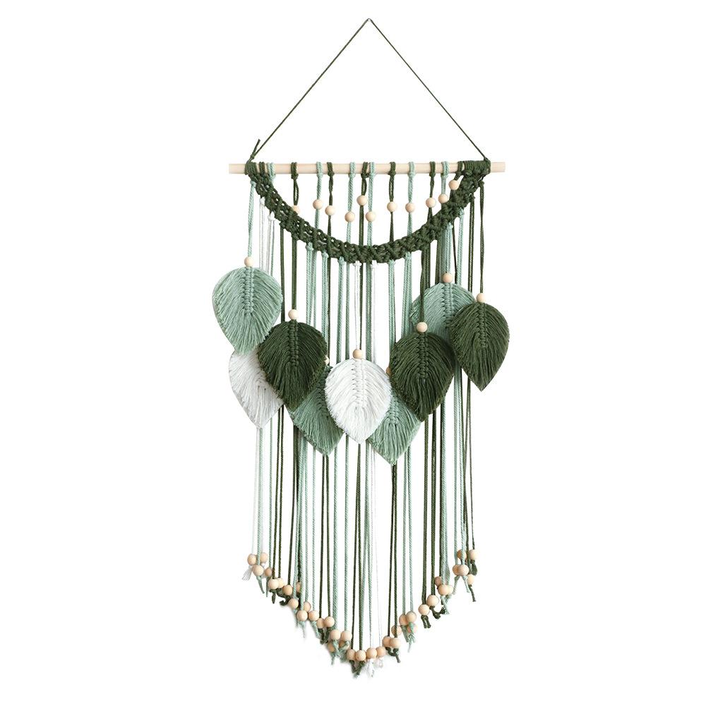 Handmade Cotton Thread Woven Wood Beads Leaf Tapestry Simple Home Bedroom B&B Wall Decoration