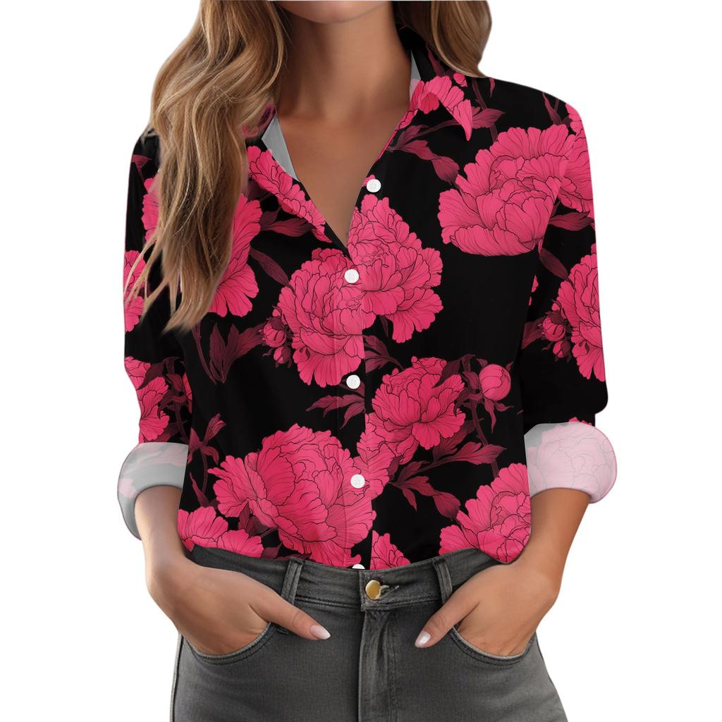 Kadın Gömlek Çiçek Baskılı Düğmeli Uzun Kollu Günlük Normal Gömlek Bluzlar Günlük Büyük Beden Temel Üstler
