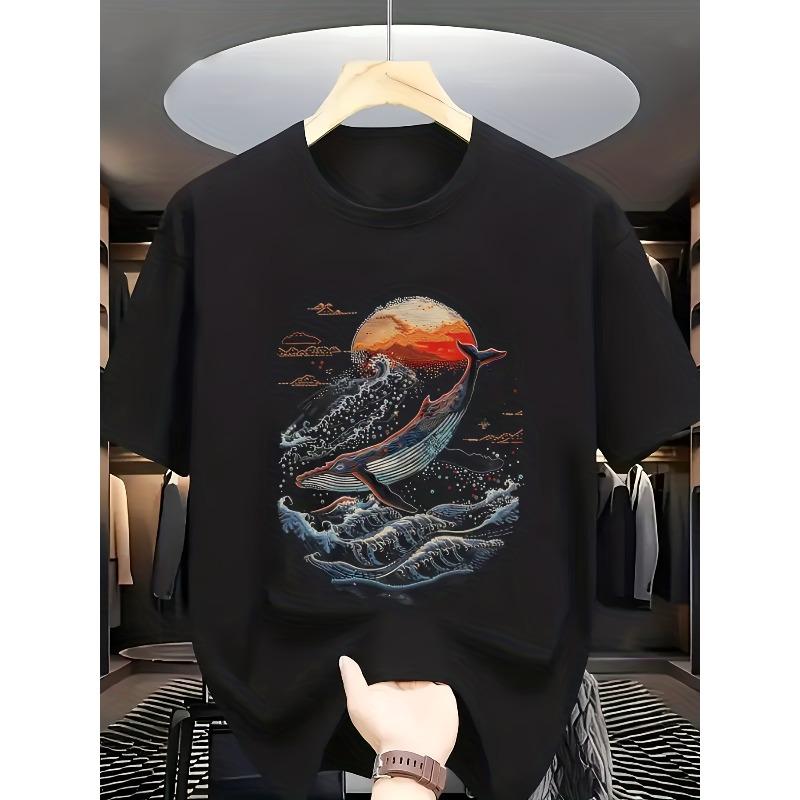 

Round Neck Short Sleeve T-Shirt with Whale Print in Waves and Sunset. The Combination of Whale, Waves, and Sunset Creates a Romantic 4XL чорний