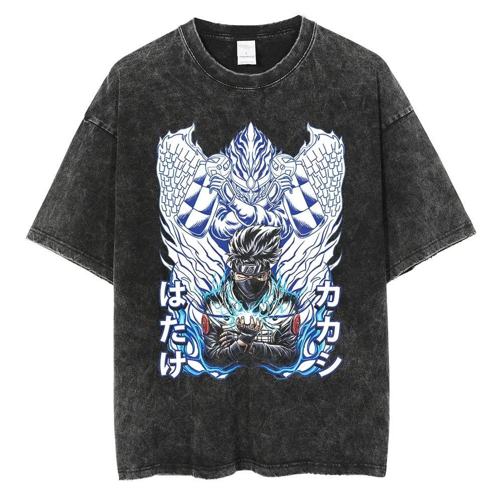 Men Short Sleeve T Shirt Naruto Anime Print Vintage T-Shirt Cotton Black Washed Oversized Tops Tees Fashion Harajuku Streetwear Clothing