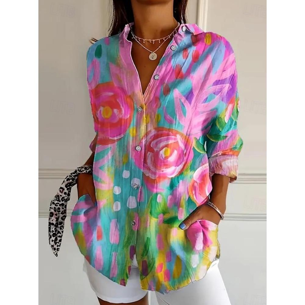 Women's Shirt Flower Active Stylish Blouse Lapel Neck Blouse Fashion Womens Long Sleeve Shirts Womens Clothing Female Clothing