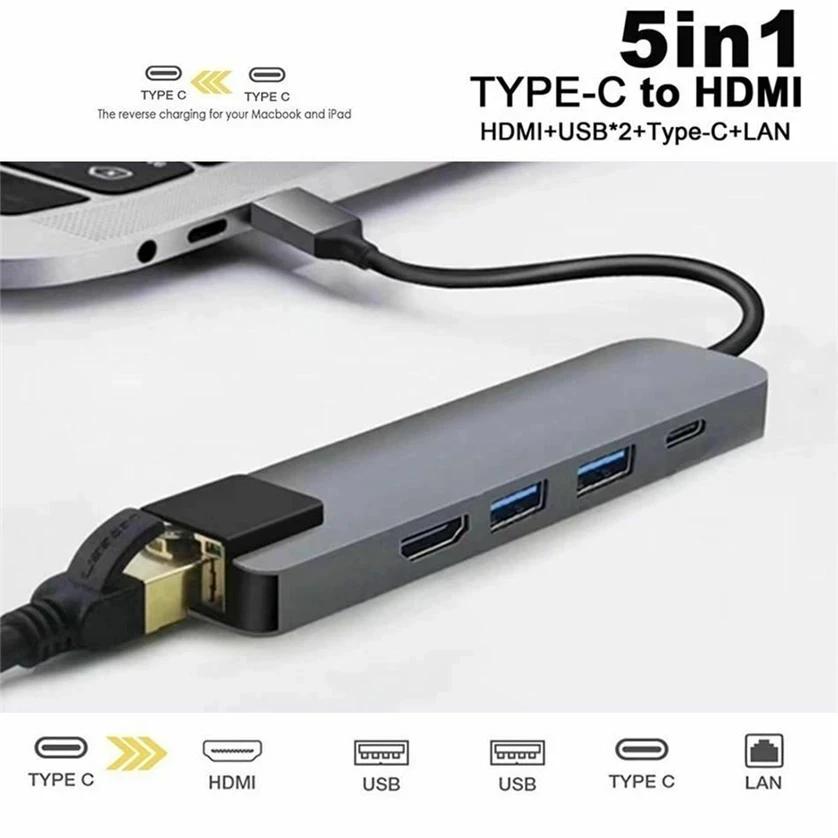 USB-C Hub 5-in-1 4K HD Output for 2.0 Aluminum Alloy 100M RJ45 Ethernet PD 100W Charging Adapter USB 3.0 Interface Multiport