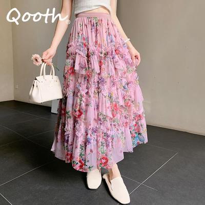 Elegant Fairy Printed Tulle Long Skirt Fashion Irregular Elastic Waist Floral Pleated A-line Skirt QT2372