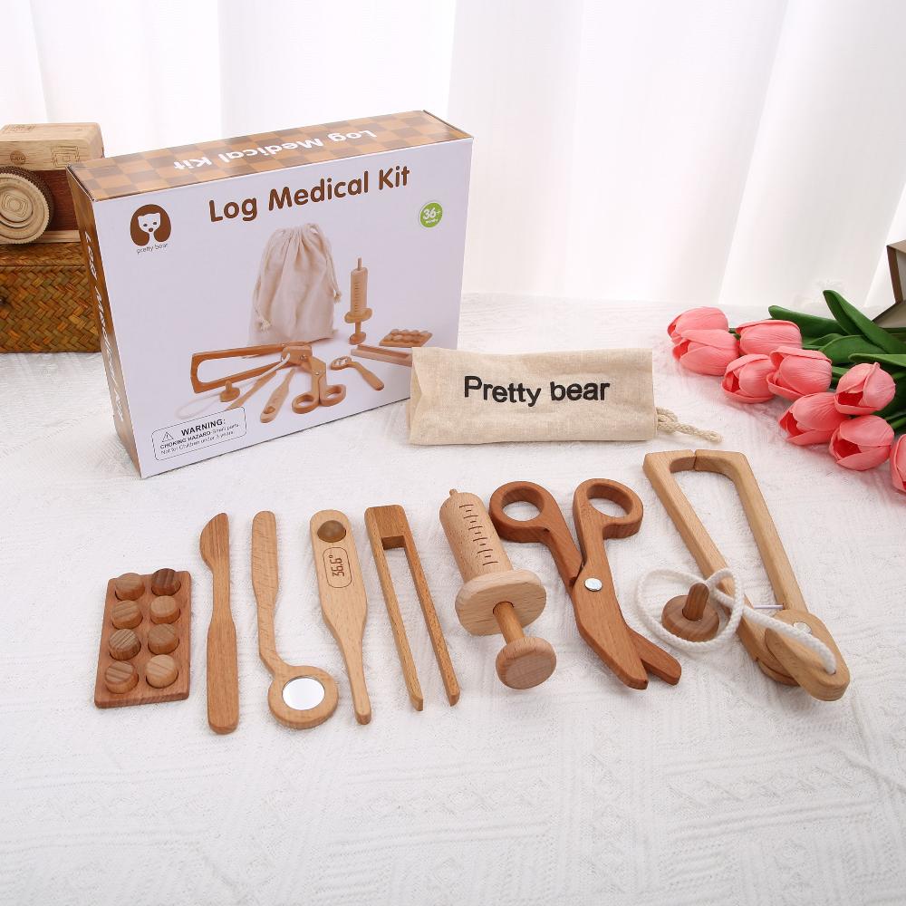 Kids Children Wooden simulation medical box stethoscope injection cosmetic bag make-up play children s Toy Screw Toolbox