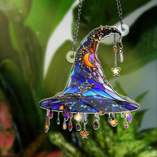 Witch Hat Sun Catcher 2D Acrylic Halloween Decoration Stained Glass Style Witch Hat Hanging Ornament for Window Wall Door