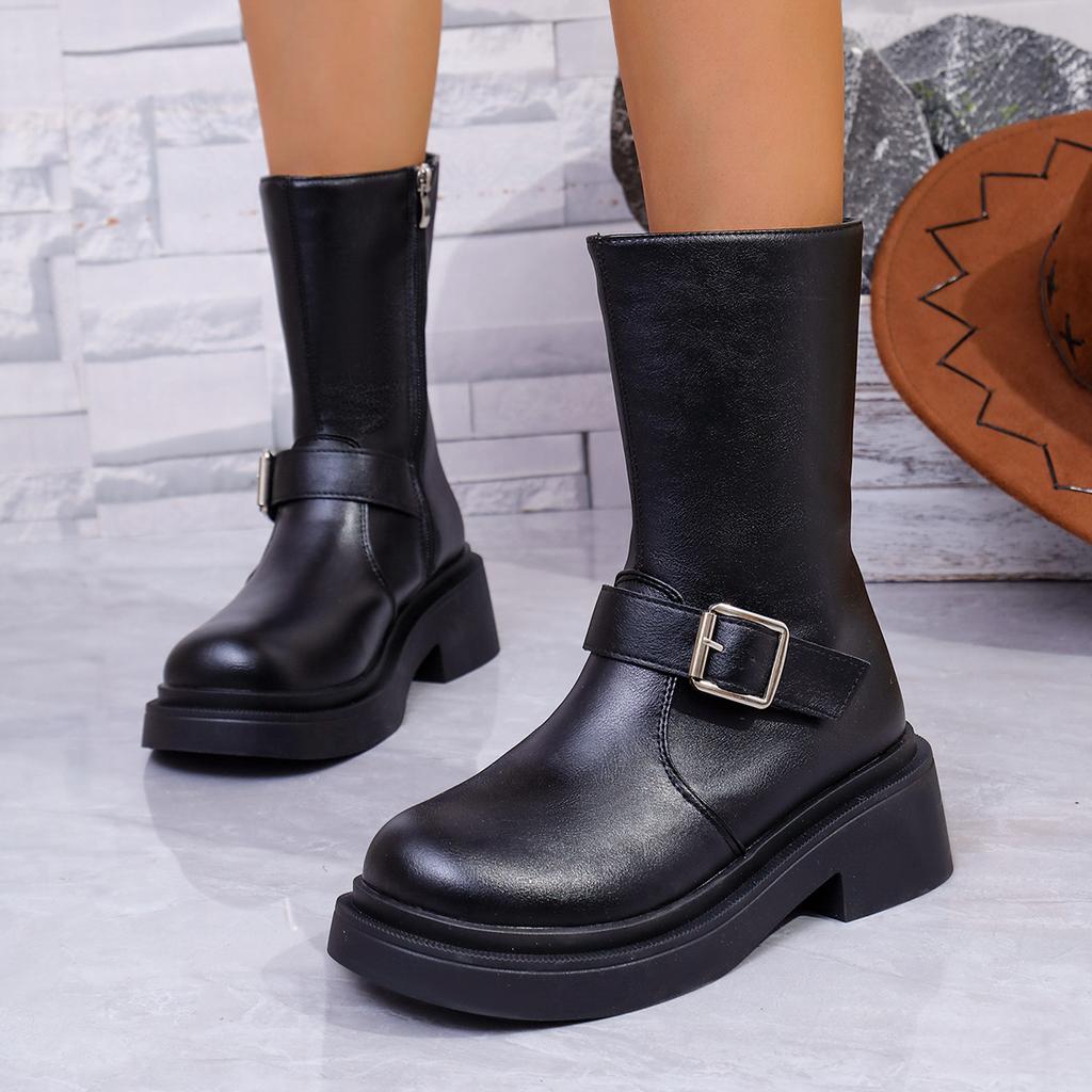 Fashion Women's Brown Platform Motorcycle Boots Buckle Strap Chunky Heels Combat Boots Woman Fashion Zipper PU Leather Ankle Botas Mujer
