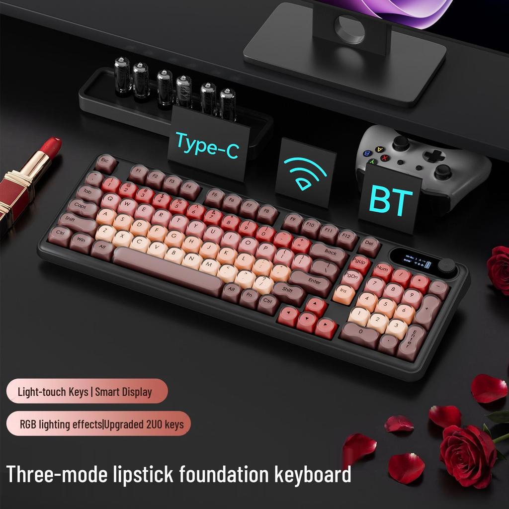BOW Hangshi Multi-Mode Backlit Bluetooth Keyboard with Lipstick Foundation Design for Women, Mechanical Feel, and Wireless/Wired Options