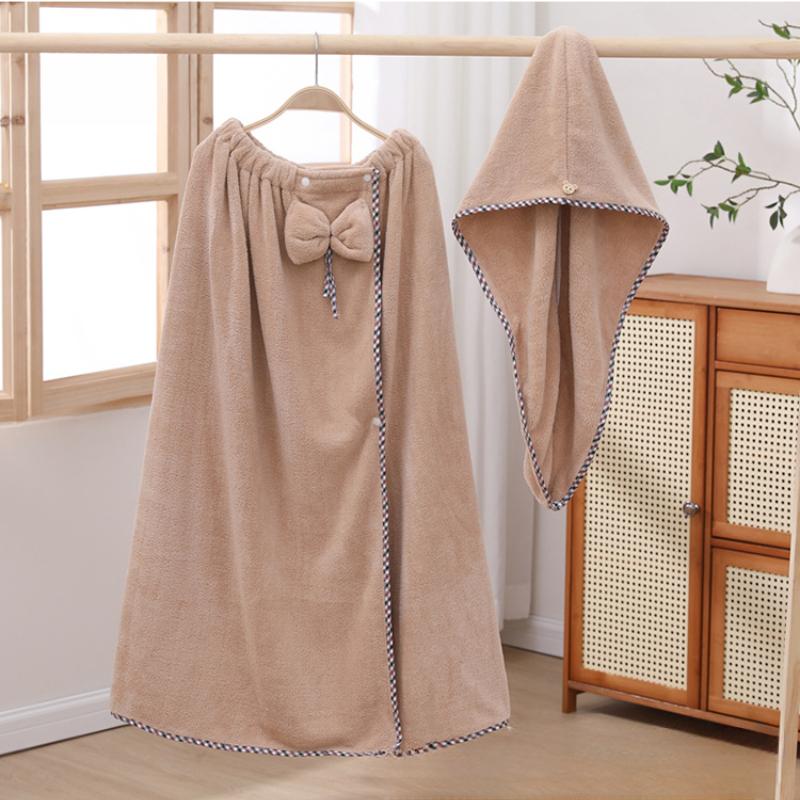 Damen-Bademantel-Set mit niedlicher Schleife, schnell trocknend, Spa-Wraps und Duschhaube