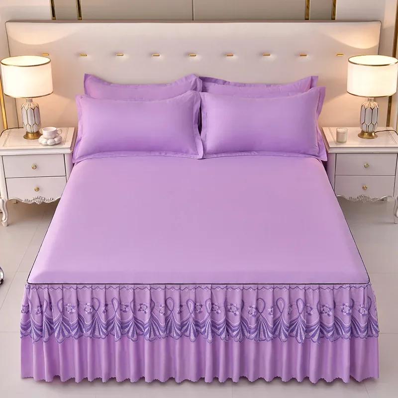 3/1P Bed Sheet Lace Skirt Elastic Fitted Double Bedspread With Pillowcases Mattress Cover Bedding Set Elastic King Size Bedsheet