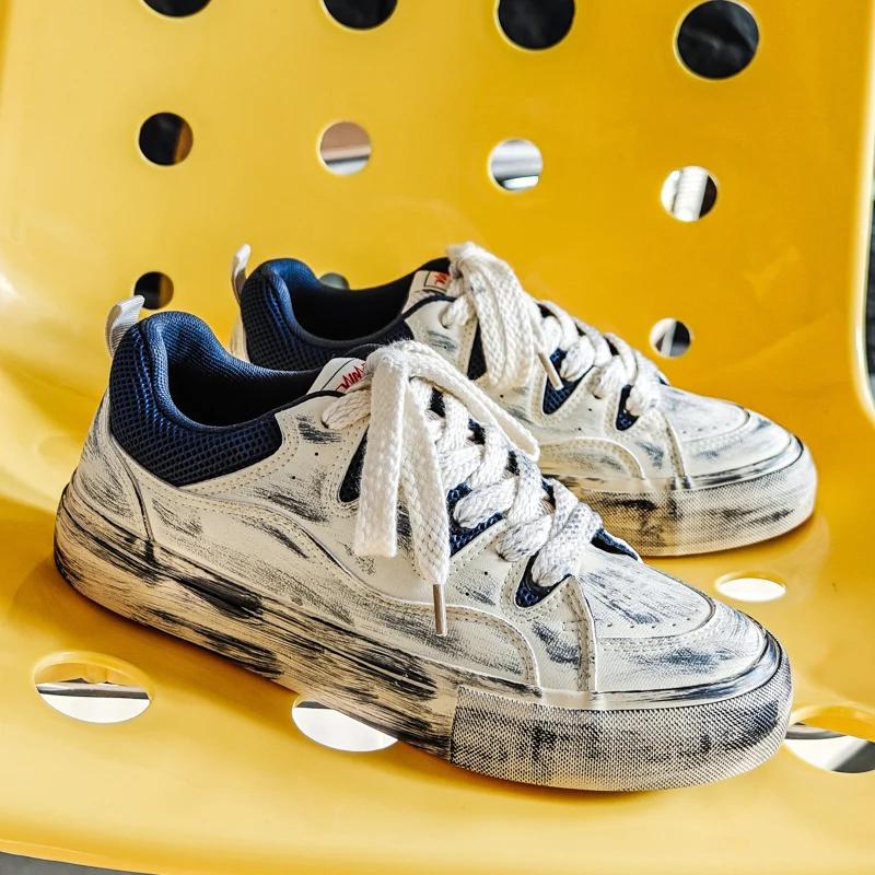 Fashion Men's and Women's Vintage Canvas Sneakers, Distressed Casual Shoes, Lightweight Non-Slip Trainers, Retro Skateboarding Shoes