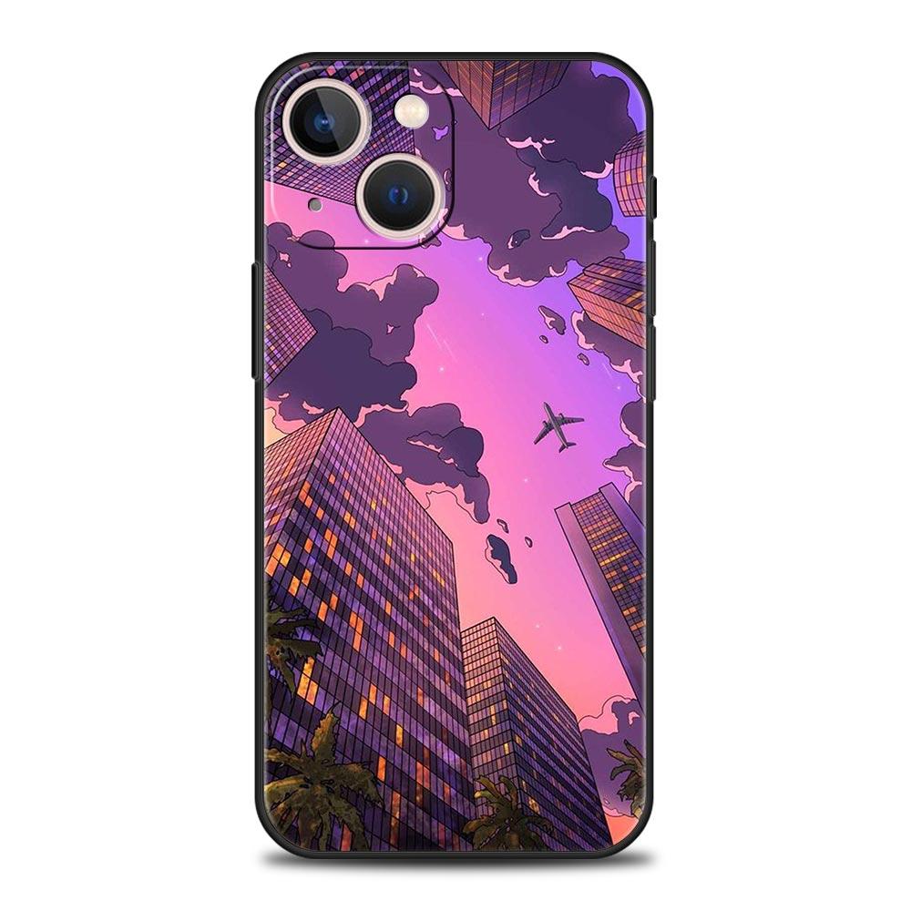 Japan Sunset Scenery Luxury Phone Case For iPhone 13 15 14 12 11 Pro MAX XR X SE XS 7 8 Plus Silicone Black Protection Cover