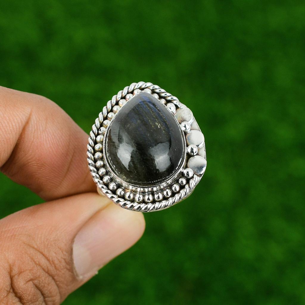 Mothers day Sale 925 Silver Natural Labradorite Promise Statement Bezel New Ring