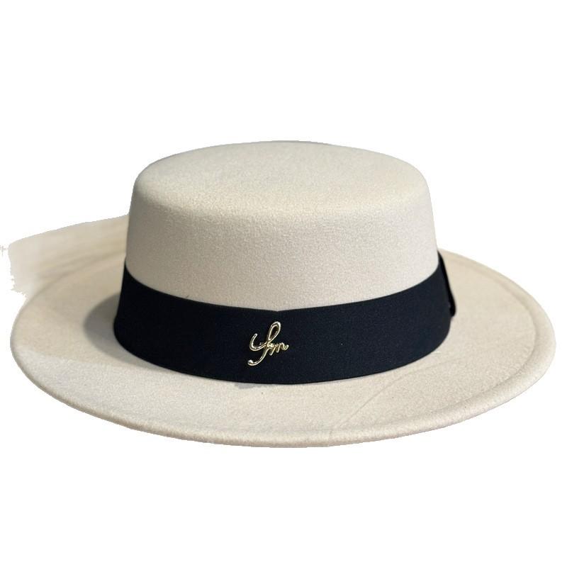New Classic Flat Top Woolen Top Hat Female Autumn and Winter Socialite Style Bucket Hat British Fashion Versatile Felt Hat Trend