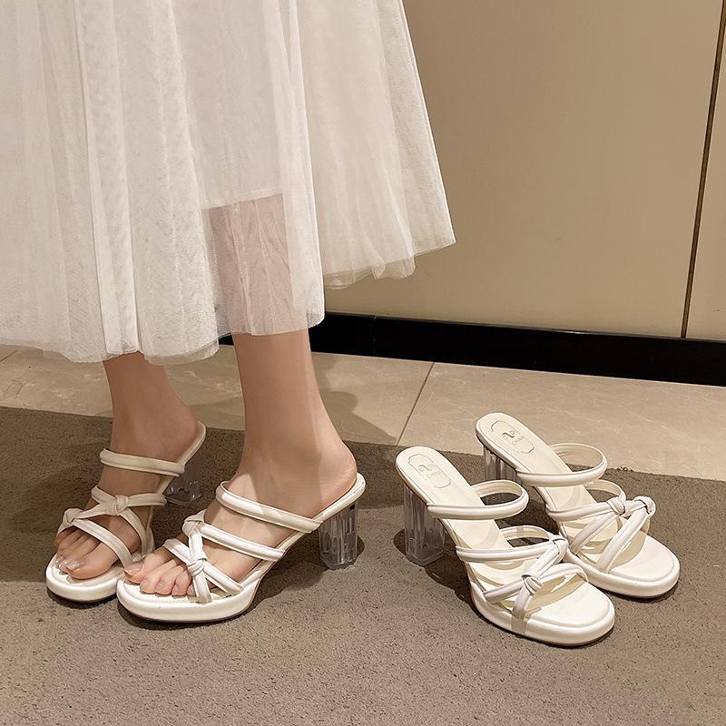 Crystal slippers women's outer wear 2025 summer new fairy with skirt transparent sandals thick heel open toe high heel sandals